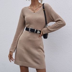 Solid Ribbed Knit Drop Shoulder Sweater Dress